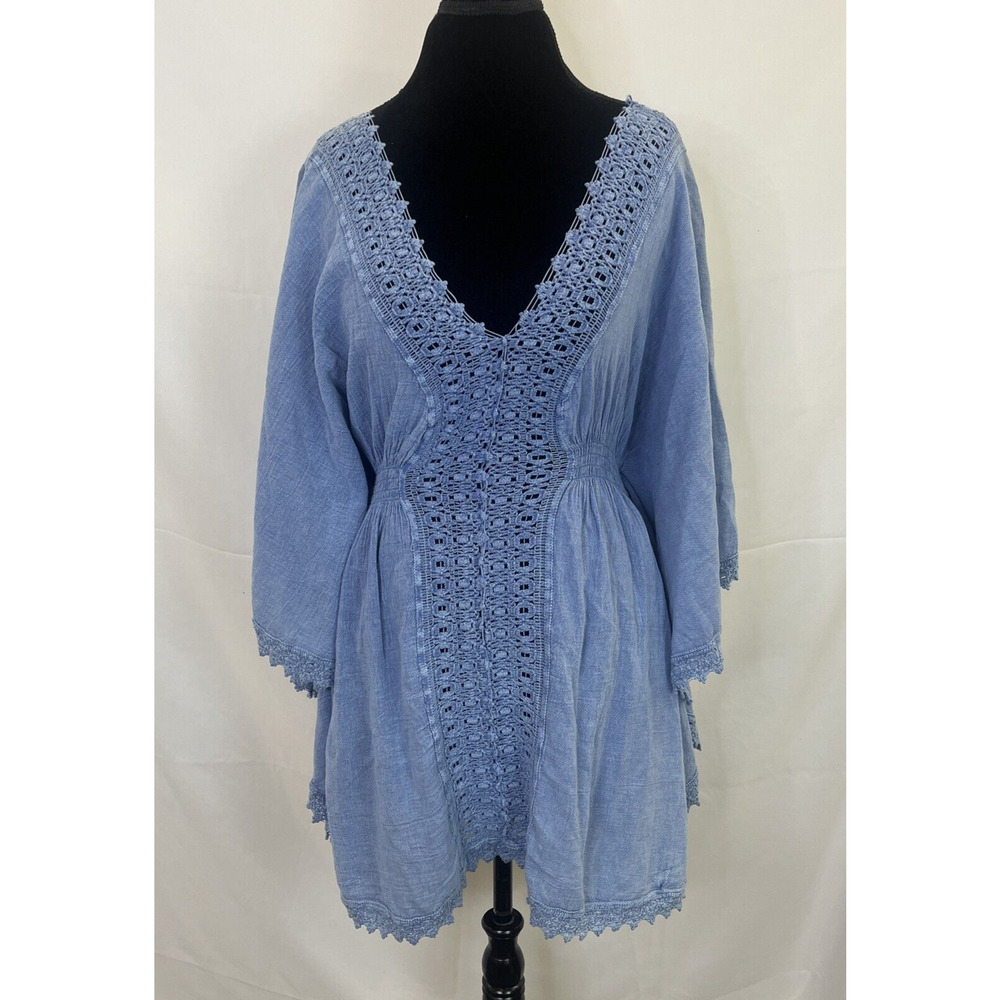 Blanco Blue Crinkle Cotton Crochet Beach Cover Up Tunic Dress XL FS Bnfts Chrty